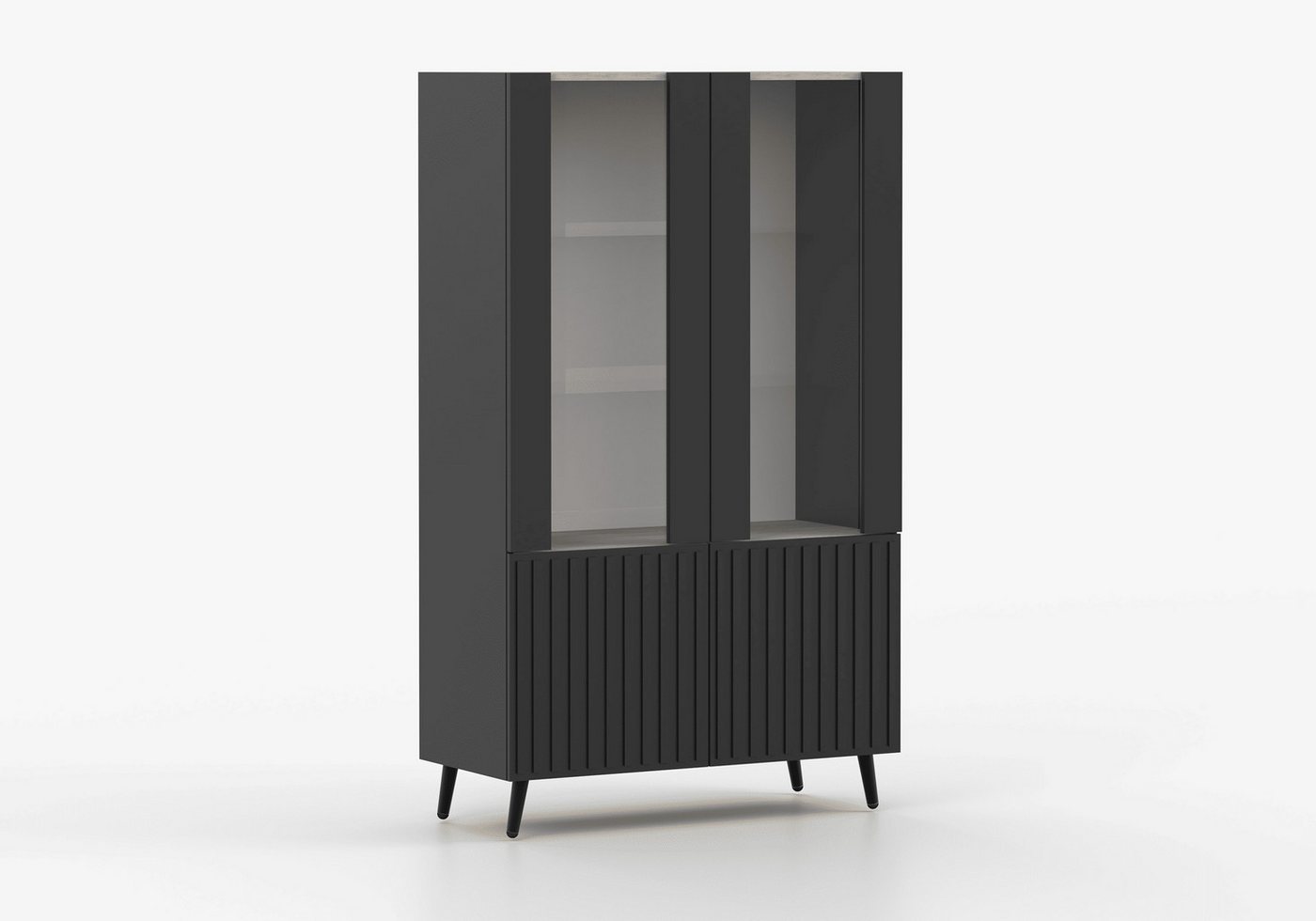 MOEBLO Vitrine AUREO 2 (2-türig – Moderne Glasvitrine mit geriffelten Fronten, Metallfüßen & Eiche-Cremona-Dekor, stilvolles Wohnzimmermöbel in Kaschmir oder Schwarz) (BxHxT): 90 x 154 x 42 cm von MOEBLO