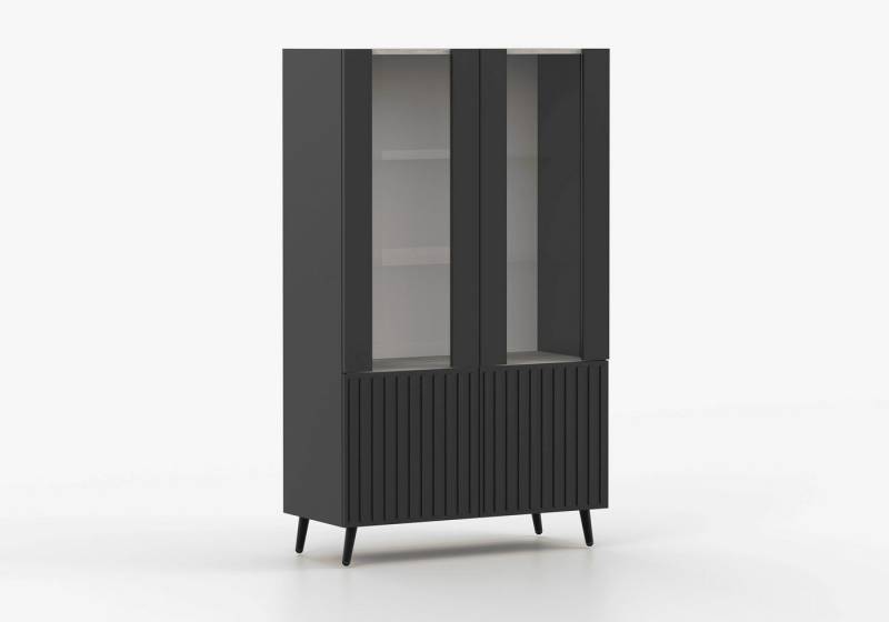 MOEBLO Vitrine AUREO 2 (2-türig – Moderne Glasvitrine mit geriffelten Fronten, Metallfüßen & Eiche-Cremona-Dekor, stilvolles Wohnzimmermöbel in Kaschmir oder Schwarz) (BxHxT): 90 x 154 x 42 cm von MOEBLO