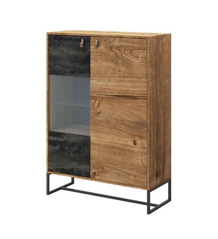 MOEBLO Highboard BENO BWT93 (Schrank für Wohnzimmer mit Türen Vitrinenschrank Glasvitrine, Gehärtetes Glas Griffe aus Leder und Füße aus Metall Vitrine Sideboard), (BxHxT): 93x133x39cm von MOEBLO