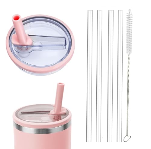 Ersatzdeckel für 40oz Becher, 1 Packung Auslaufsichere Tumbler Ersatz für Stanley Quencher 1.2L, wiederverwendbare Becherabdeckungs-Sets mit 4 Strohhalmen und 1 Reinigungsbürste (pink, 40oz) von MOECSHSY