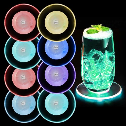 MOERAE 8er-Set Bunt LED Untersetzer, Leuchtende für Getränke, ON/Off Taste Getränke Untersetzer, Acryl Runder Wasserdichter Untersetzer für Getränke Champagner Flaschen Partys Hochzeiten Weihnachten von MOERAE