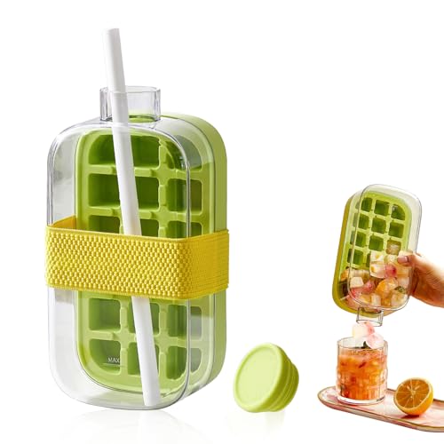 Silikon Eiswürfel Flasche,2 in 1 Eiswürfelform 800ml Mit Deckel & Strohhalm, Auslaufsichere BPA-Freie Trinkflasche Für Camping, Picknick und Büro von MOERAE