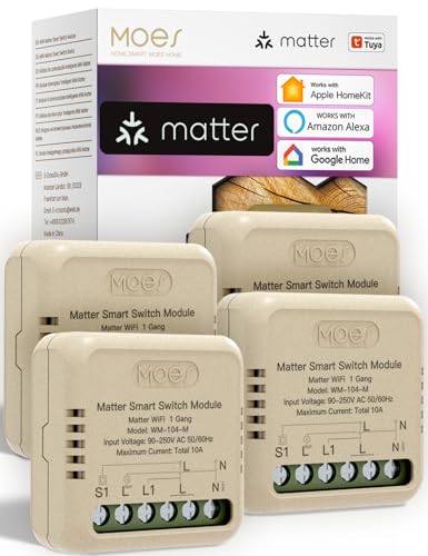 MOES MINI104 Matter Wlan Smart Relais Schalter,1 Fach Lichtschalter Unterputz kompatibel mit Apple Home, Alexa & Google Home, Steuerung über MOES/Smart life/Tuya APP, erfordert Neutralleiter von MOES