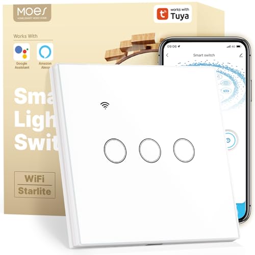 MOES Smart Alexa Wlan Lichtschalter ohne Neutralleiter, Wifi Touch Schalter Unterputz mit Speicher nach dem Ausschalten, Smart Life/Tuya app, Kompatibel mit Alexa und Google Home,3 Fach 1 Wege von MOES