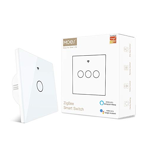 MOES Smart Switch, Benötigt Tuya ZigBee Hub, Kein Neutralleiter erforderlich, Kein Kondensator, Kompatibel mit Smart Life Tuya App Alexa Google Home, 1 Gang, Weiß von MOES
