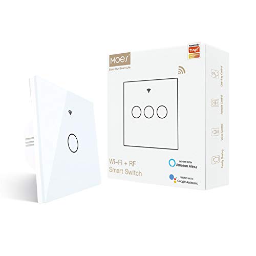 MOES Wlan Lichtschalter Smart Touch Switch Kein neutraler Draht erforderlich Wireless Smart Home Switch Arbeiten mit Smart Life/Tuya App, Alexa Google Home 1 Gang Weiß von MOES