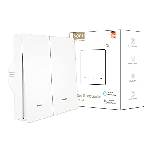 MOES ZigBee Smart Funk Lichtschalter ohne Neutralleiter Verdrahtung kein Kondensator Erforderlich, Funktioniert mit Smart Life Tuya APP Alexa Google, Tuya ZigBee Hub Erforderlich, 2 gang, weiß von MOES