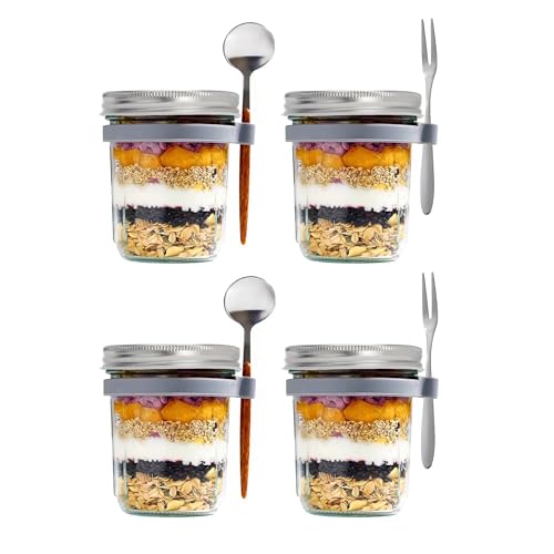Breiter Mund Mason Jar, 16 ozMeal Prep Jars, Haferflocken Glasbehälter mit Deckel und Löffel, Salat Lunch Container mit Volumenskala für Joghurt (Silber-Aluminium-Abdeckung) von MOFALA