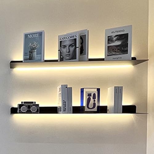 Schwebende Wandregale mit integriertem beleuchtetem LED-Licht, Schwarze Regale mit unsichtbaren Halterungen, 2er-Set, lichtemittierendes Bücherregal aus Metall zur,26inch von MOFGOE