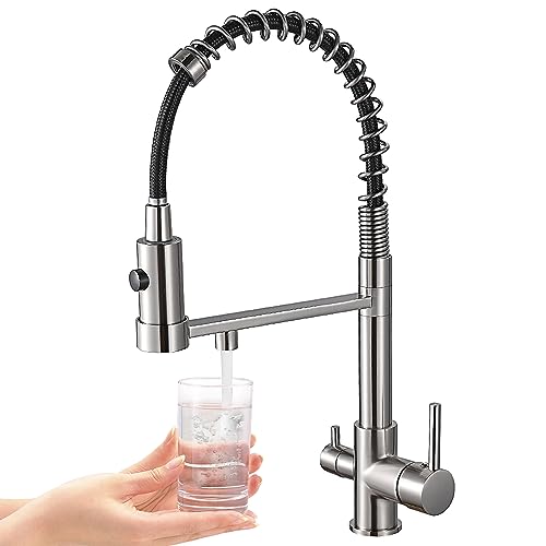 Trinkwasser Küchenhahn Pull Down Sprayer 2 Griff 3 in 1 Wasserfilter Reiniger Wasserhähne Frühling Bogen (gebürstetes Nickel) von MOGFCT