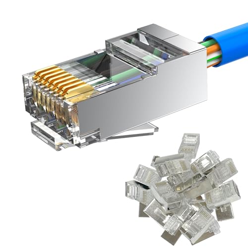 MOGOOD 20 Stück Cat 6A RJ45 Geschirmt Stecker (Cat 6A Terminal/RJ45 Modularer Stecker/Ethernet Stecker/Dreipoliger 8P8C Vergoldeter Ethernet Stecker) Für FTP/STP Netzwerkkabel und Feste Kabel von MOGOOD