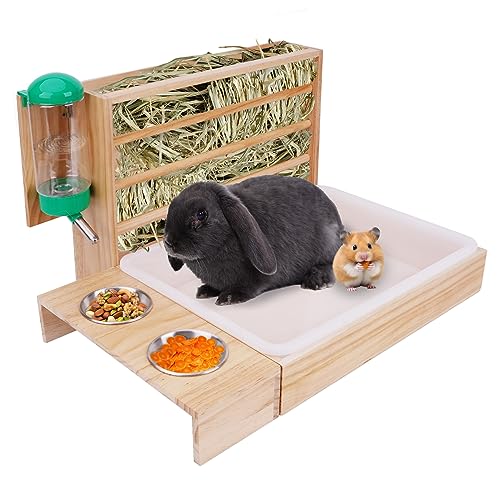 MOGOULUA 4 in 1 Heuraufe Kaninchen Holz Futterspender Heu Kaninchen mit Katzentoilette Wasserflasche Futternäpfe für Hamster Hölzerner Hasenfutterautomat Heuhaltergestell für kleine Haustiere von MOGOULUA