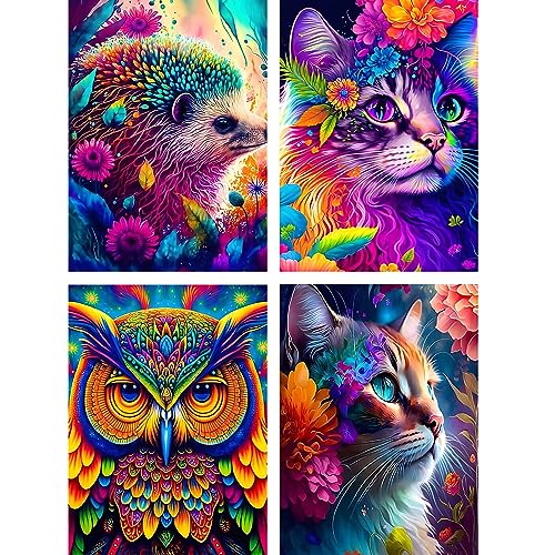 MOGTAA 4 Stück Tiere Diamond Painting Set, 5D Katze Diamant Painting Bilder für Erwachsene Anfänger, Full Drill Diamond Art Eule Diamant Malerei für Home Wand Dekor 30x40cm von MOGTAA