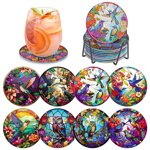 MOGTAA 8 STK Diamond Painting Untersetzer mit Halter, Diamond Painting Kolibri, Diamant Malerei Set Bilder Erwachsene Kinder, Tiere Diamant Tassenuntersetzer mit Kork, für Home Dekor von MOGTAA