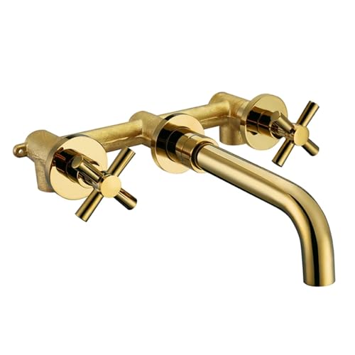 Armaturen Top Wand Waschbecken Mischbatterie Set Badezimmer Auslauf Wasserhahn mit Doppelhebel in Mattschwarz/Poliertem Gold fürs Badezimmer(Color2) von MOHUIED