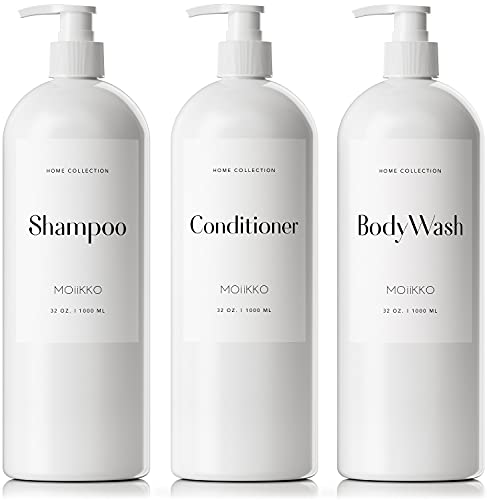MOIIKKO Nachfüllbare Shampoo- und Conditioner-Spenderflaschen, 900 ml, 3er-Set, leer, Körperwaschspender, mit 8 Wasserdichten Etiketten von MOIIKKO