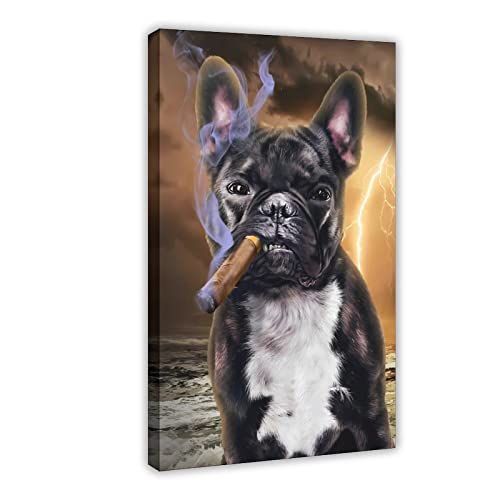 MOIT Leinwandposter Französische Bulldogge mit Zigarre, Schlafzimmer, Dekoration, Sport, Landschaft, Büro, Raumdekoration, Geschenkrahmen, 60 x 90 cm von MOIT