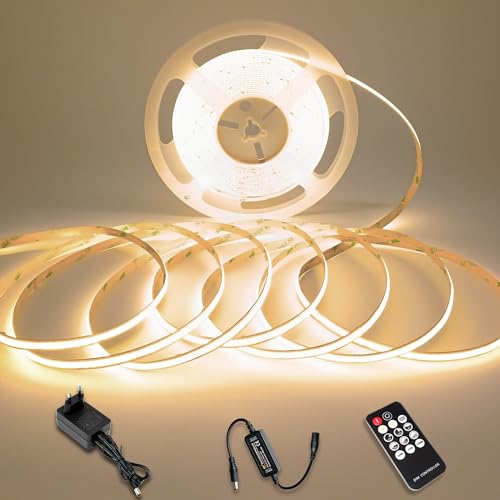 COB LED Streifen 5m dimmbares flexibles 24V mit trafo 230v, LED Strip mit Fernbedienung Naturweiß 4000K IP20 CRI90+, LED Lichtstreifen Schneidbar DIY Beleuchtung für Häuser, Geschäfte, Bars und Gärten von MOJIAZH