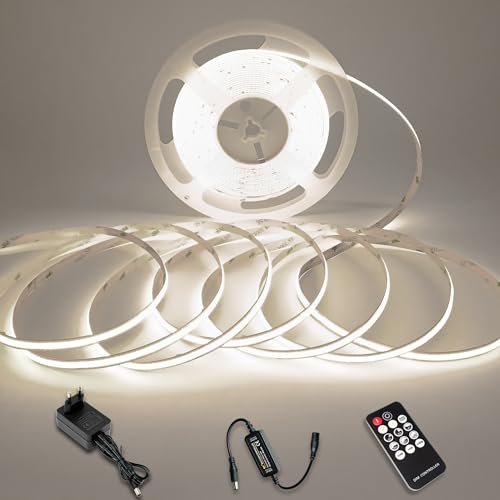 MOJIAZH COB LED Streifen 6000K Kaltweiß, 24V 5M Dimmbares, IP20 TV Hintergrundbeleuchtung LED, mit Fernbedienung, DIY Dekoration, CRI90+ LED Streifen Dimmbar, Indirekte Beleuchtung Wand DIY Dekoration von MOJIAZH
