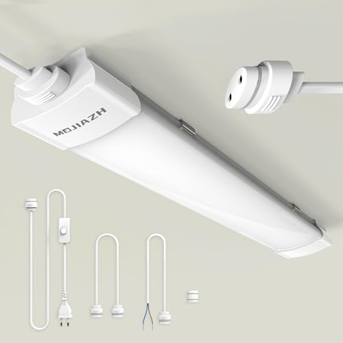 MOJIAZH Feuchtraumleuchte LED 43cm mit Stecker, 16W 1800lm 5000K Wasserdichte Feuchtraumleuchte, IP66 Decken-LED-Leuchtstoffstreifen Neutralweiß für Garage, Keller, Werkstatt, Feuchtraum Büro von MOJIAZH