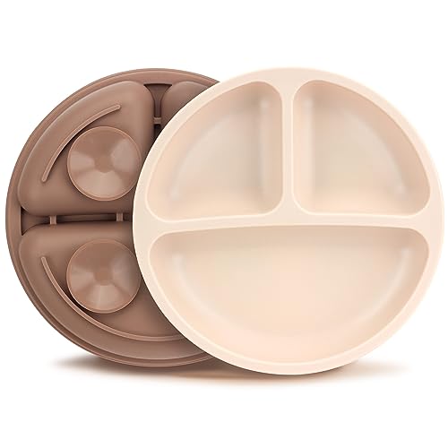 MOJINL Kinderteller mit Saugnapf Rutschfest Silikon Baby Teller BPA Frei Babyteller Kinder Tischset Babygeschirr Spülmaschinenfest für Kleinkinder 2 Stück (Walnuss Beige) von MOJINL