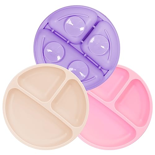 MOJINL Kinderteller mit Saugnapf Rutschfest Silikon Baby Teller BPA Frei Babyteller Kinder Tischset Babygeschirr Spülmaschinenfest für Kleinkinder 3 Stück (Lila/Rosa/Beige) von MOJINL