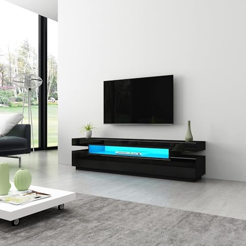 LED-TV-Ständer,TV-Schrank 160 cm, Modernes TV-Möbelstück,Hochglanzfront, Matter Korpus mit 3 Schubladen für Schlafzimmer, Wohnzimmer, Wohnmöbel (Schwarz) von MOJKER