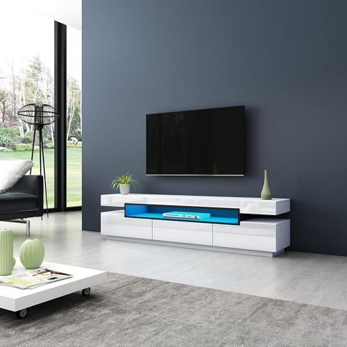 LED-TV-Ständer,TV-Schrank 160 cm, Modernes TV-Möbelstück,Hochglanzfront, Matter Korpus mit 3 Schubladen für Schlafzimmer, Wohnzimmer, Wohnmöbel (Weiß) von MOJKER