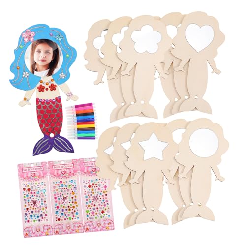 MOKKHNB 1 Satz Mermaid Handheld Mirror DIY Holzspiegel mit Farben Glitzersteinen für Kindergeburtstagsfeiern und Bastelspiele Charmantes Meerjungfrau Design Vielseitiges Bastelset von MOKKHNB