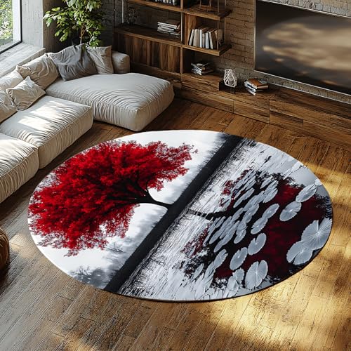 Abstrakter botanischer waschbarer Kreisteppich roter Lebensbaum runder Teppich für Wohnzimmer Home Office Flur Schlafzimmer Arbeitszimmer Dekor 61cm（Runden） von MOKOSAISE