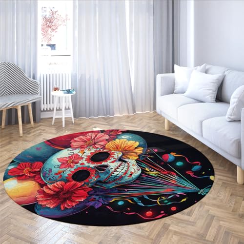 Bunte Horror Schädel Blume Kreis Teppiche Mexikanische Ringelblume Runde Fläche Teppich für Wohnzimmer Esszimmer Küche Schlafzimmer Schlafzimmer Herbst Dekor 213cm（Runden） von MOKOSAISE