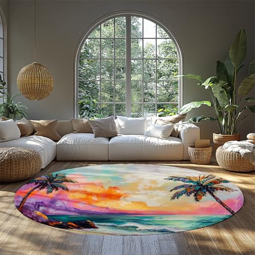 Bunte Meereslandschaft runder waschbarer Teppich Traum Tropische Illustrationen Rutschfester Kreisteppich für unter Esstisch Wohnkultur 152cm（Runden） von MOKOSAISE