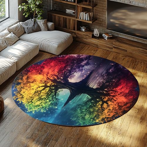 Bunter Baum kreisförmiger Teppich Traum botanisch abstrakt runder Teppich für Eingangsbereich Schlafzimmer Kinderzimmer Wohnzimmer Zuhause Esszimmer Kaffee Dekor 61cm（Runden） von MOKOSAISE
