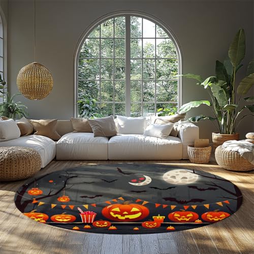 Cartoon Kürbis Laterne Kreis Bereich Teppich Mond Weicher waschbarer runder Teppich für Wohnzimmer Schlafzimmer Halloween Home Study Esszimmer Dekor 152cm（Runden） von MOKOSAISE