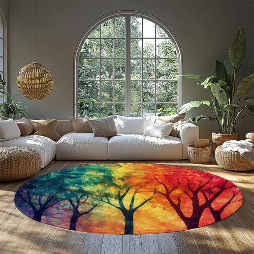 Four Seasons Bäume runder waschbarer Rutschfester Teppich Moderne abstrakte Kreisteppiche für das Schlafzimmer Wohnen unter dem Esstisch Home Office Dekor 213cm（Runden） von MOKOSAISE