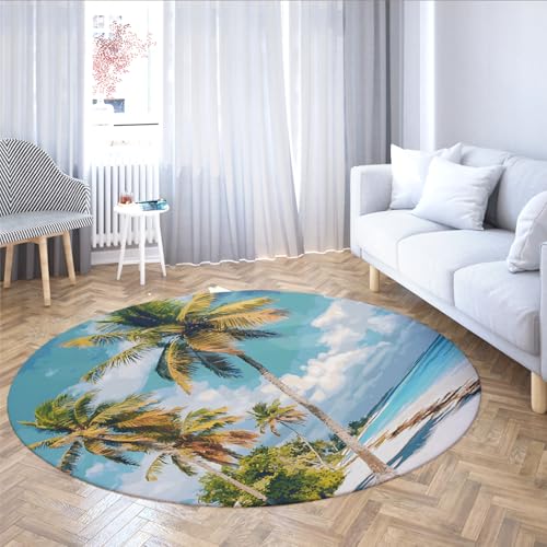 Kokospalmen Strand Waschbarer Kreisteppich Tropischer Ozean Landschaft Rutschfester niedriger Flor Runder Teppich für Schlafzimmer Eingangsbereich Büro Dekor 122cm（Runden） von MOKOSAISE