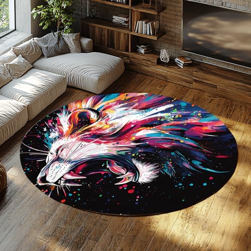 Löwe Graffiti Runde Fläche Teppich Abstrakt Bunt Weich rutschfest Waschbar Kreis Teppich für Wohnzimmer Schlafzimmer Home Office Esszimmer Dekor 61cm（Runden） von MOKOSAISE