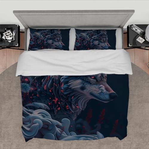 MOKOSAISE 3D Print BettwäscheSet 3 Stück Tiermotiv Wolf Muster Weiches atmungsaktives Bettwäsche-Set mit 2 Kissenbezügen Reißverschluss & 4 Krawatten 180 x 220 cm von MOKOSAISE