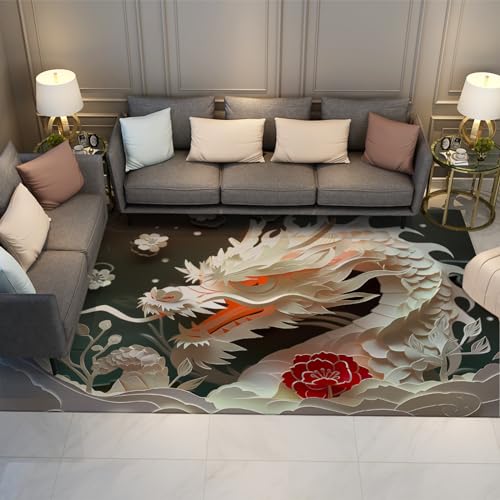 MOKOSAISE 3D Scherenschnitte Stil Teppich für Wohnzimmer Schlafzimmer Küche Dekor Chinesischer Loong Drache Pflaume Pfingstrose Rutschfester niedriger Flor Dünner Teppich 180x300cm von MOKOSAISE