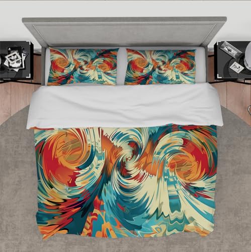 MOKOSAISE Ästhetischer Stil Bettwäsche Set 3 Stück Bunte abstrakte Linie Ripple Swirl Washed Bettwäsche Set mit 2 Kissenbezügen Reißverschluss & 4 Krawatten 160 x 200 cm von MOKOSAISE