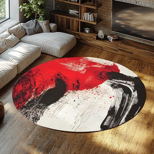 MOKOSAISE Ästhetischer roter schwarzer Tinte waschbarer runder Teppich Abstrakter Rutschfester runder Teppich für Schlafzimmer eingangsbereich büro Studie Essen wohnkultur 61cm（Runden） von MOKOSAISE
