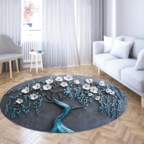 MOKOSAISE Abstrakte Bäume Blumen Rutschfester abwaschbarer runder Teppich Blau Weiß Botanischer Niederflorteppich für Wohnzimmer Küche Schlafzimmer Kinderzimmer 91cm（Runden） von MOKOSAISE