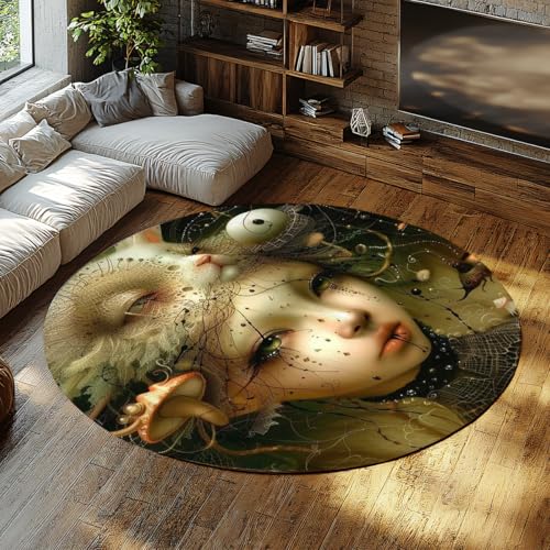 MOKOSAISE Abstrakte Cartoon Frau Waschbar Runde Fläche Teppich Surrealismus Horror Monster Rutschfester Kreis Teppich für Schlafzimmer Wohnzimmer Küche Dekor 61cm（Runden） von MOKOSAISE