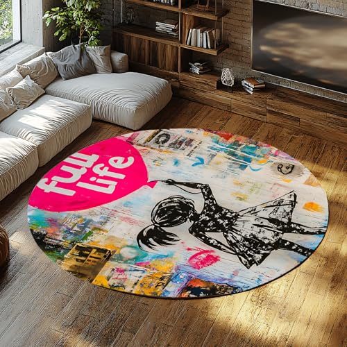 MOKOSAISE Abstrakte Figuren weiche rutschfeste waschbare runde Teppiche Bunter Graffiti-Stil Kreisteppich für Wohnzimmer Schlafzimmer Eingangsbereich Esszimmer 91cm（Runden） von MOKOSAISE