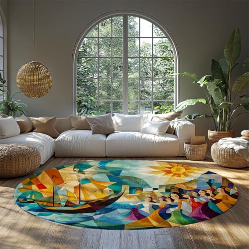 MOKOSAISE Abstrakter Figurenbereich Teppich Zirkulärer Bunte geometrische Blöcke Rutschfester runder Teppich für Küche Schlafzimmer Veranda Wohnzimmer Dekor 61cm（Runden） von MOKOSAISE