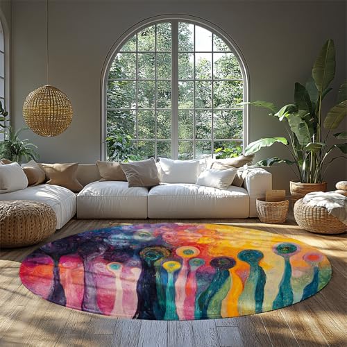 MOKOSAISE Abstrakter waschbarer kreisförmiger Teppich buntes Muster weicher runder Teppich für Wohnzimmer Schlafzimmer Heimstudium Esszimmer Küche Dekor 244cm（Runden） von MOKOSAISE