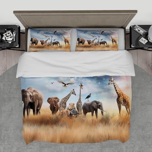 MOKOSAISE African Animals Bettwäsche Set 3-teilig Elefant Giraffe Löwe Leopard Vogel Ultra Soft Bettwäsche Set mit 2 Kissen Shams Reißverschluss & 4 Krawatten 240 x 220 cm von MOKOSAISE