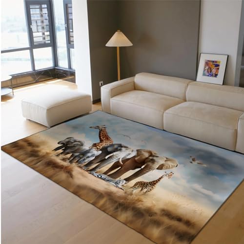 MOKOSAISE Afrikanischer Graslandteppich für Wohnzimmer Schlafzimmer Küche Dekor Elefant Giraffe Tiger Vogel Rutschfester niedriger Flor Eingangsbereich dünner Teppich 60x90cm von MOKOSAISE