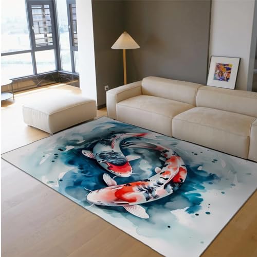 MOKOSAISE Aquarell Teppich für Wohnzimmer Kinder Schlafzimmer Küche Wohnkultur Japanische Fische Glück Koi Rutschfester niedriger Flor Büro dünner Teppich 100x200cm von MOKOSAISE