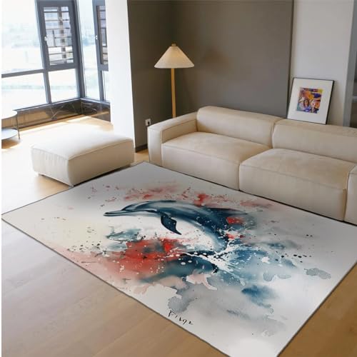 MOKOSAISE Aquarell Tinte Stil Teppich für Wohnzimmer Schlafzimmer Küche Dekor Niedlicher und gutaussehender Kleiner Delfin Rutschfester niedriger Flor dünner Teppich 80x150cm von MOKOSAISE